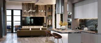 Living room design in a panoramic apartment