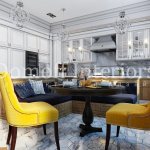 Mustard armchairs in the kitchen-living room - eclectic style, classic, modern classic