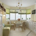 kitchen with bay window and sofa