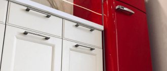 Kitchen with red refrigerator