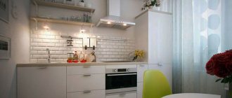 Kitchen with window with wooden shelves instead of wall cabinets