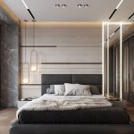 Linear lamps on a plasterboard ceiling in the bedroom