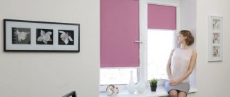 Pink roller blinds on a plastic kitchen window