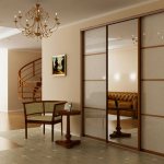 Wardrobe in the interior of the hall with glass and mirror sliding doors