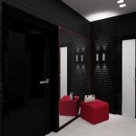 Dark walls, light floors and a red ottoman - elegant and stylish