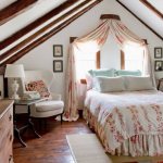 You can install a bed with the headboard facing the window in the attic: the ceiling in the form of a sloped roof adds a special coziness to the room